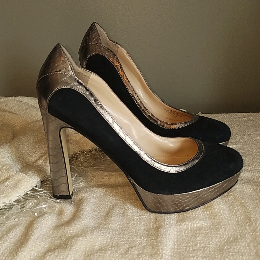 Sexy Audrey Brooke black and silver platform heels